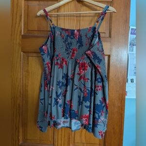 Torrid Gray Smocked Top with Red and Blue Accents